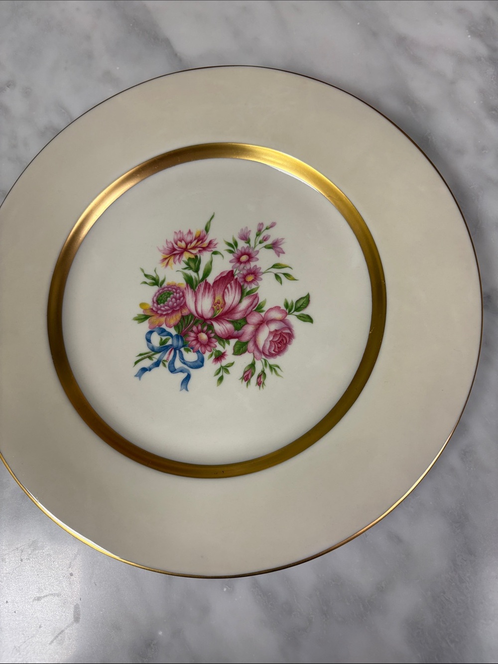 Fine Porcelain Cake Plate with Pink Floral Bouquet and Gold Trim